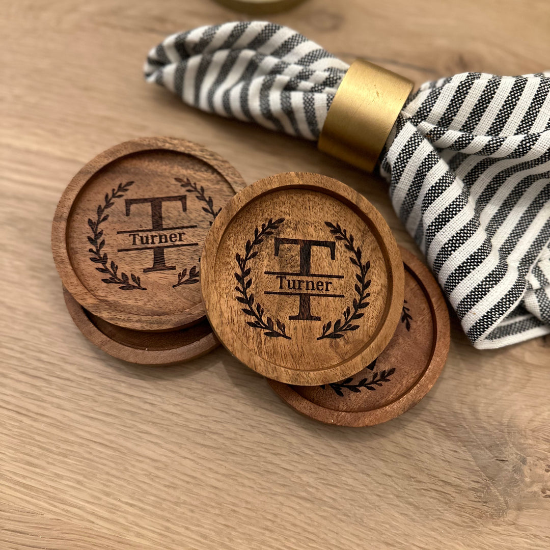 Round Monogram Wood Coaster | Acacia Wood | Personalized
