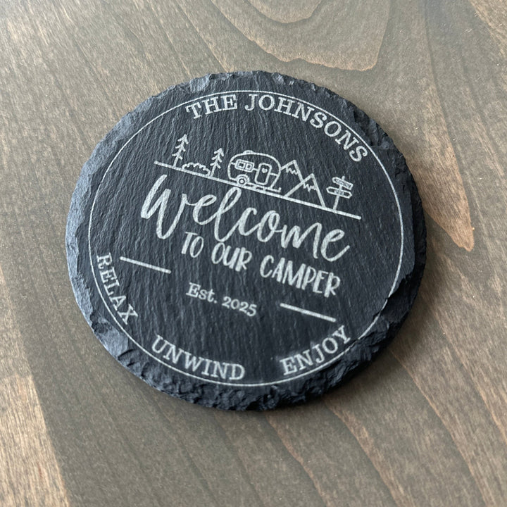 Camping Slate Coaster Set – Custom Round Drink Coasters for Outdoor Summer Fun - Seeds & Sawdust