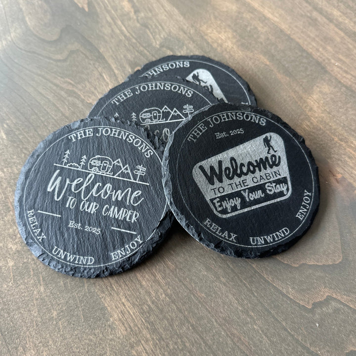 Camping Slate Coaster Set – Custom Round Drink Coasters for Outdoor Summer Fun - Seeds & Sawdust