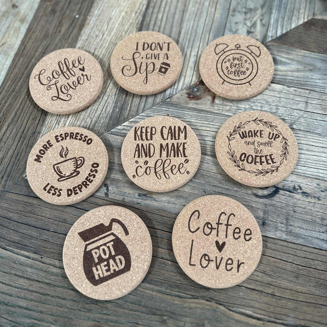 Coffee Lover Cork Coasters | Thick Cork Coaster | Various Designs - Seeds & Sawdust
