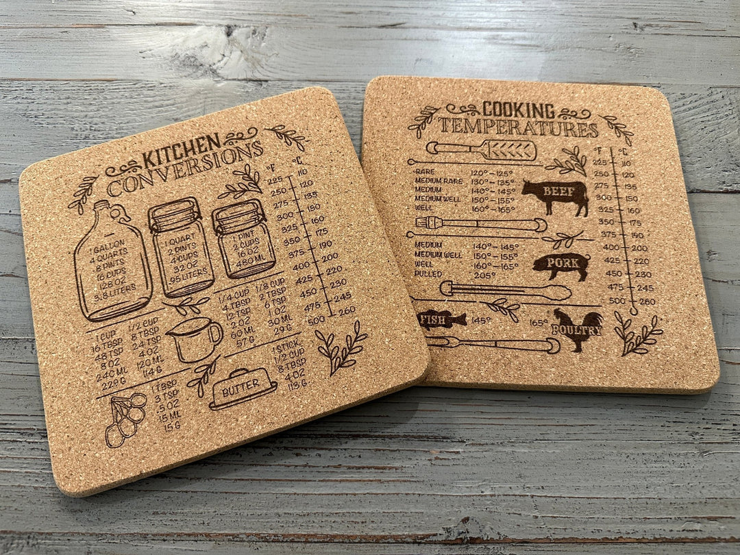 Cork Trivet | Kitchen Conversion or Temp Chart | Square Trivet | Hot Pad - Seeds & Sawdust