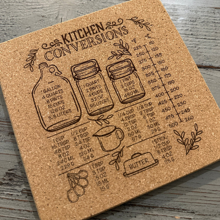 Cork Trivet | Kitchen Conversion or Temp Chart | Square Trivet | Hot Pad - Seeds & Sawdust
