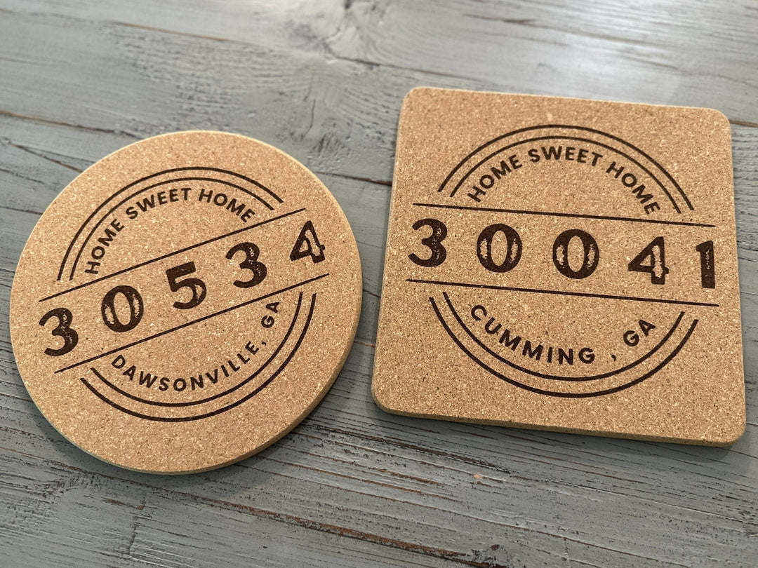 Cork Trivet | Round or Square "Home Sweet Home" City & Zip | Hot Pad - Seeds & Sawdust