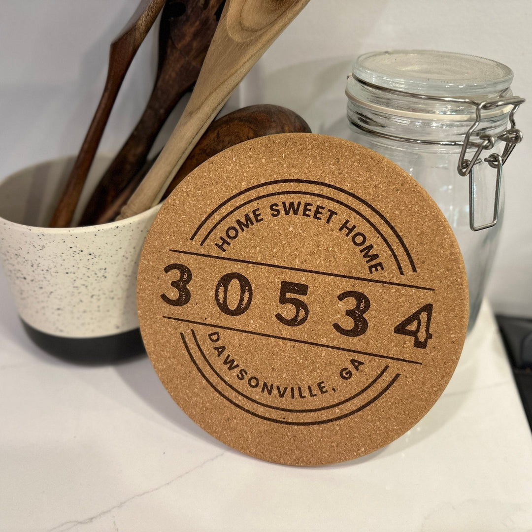 Cork Trivet | Round or Square "Home Sweet Home" City & Zip | Hot Pad - Seeds & Sawdust