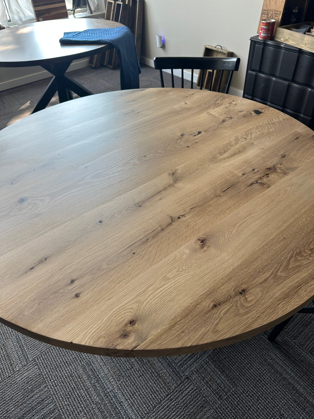 Handcrafted 60" Round Lance Rustic White Oak Dining Table – Natural Stain - Seeds & Sawdust