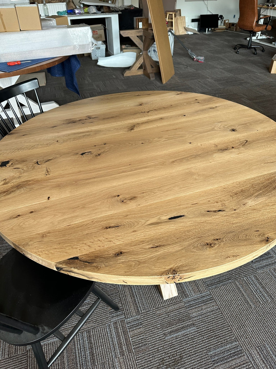 Handcrafted 60" Round Lance Rustic White Oak Dining Table – Natural Stain - Seeds & Sawdust