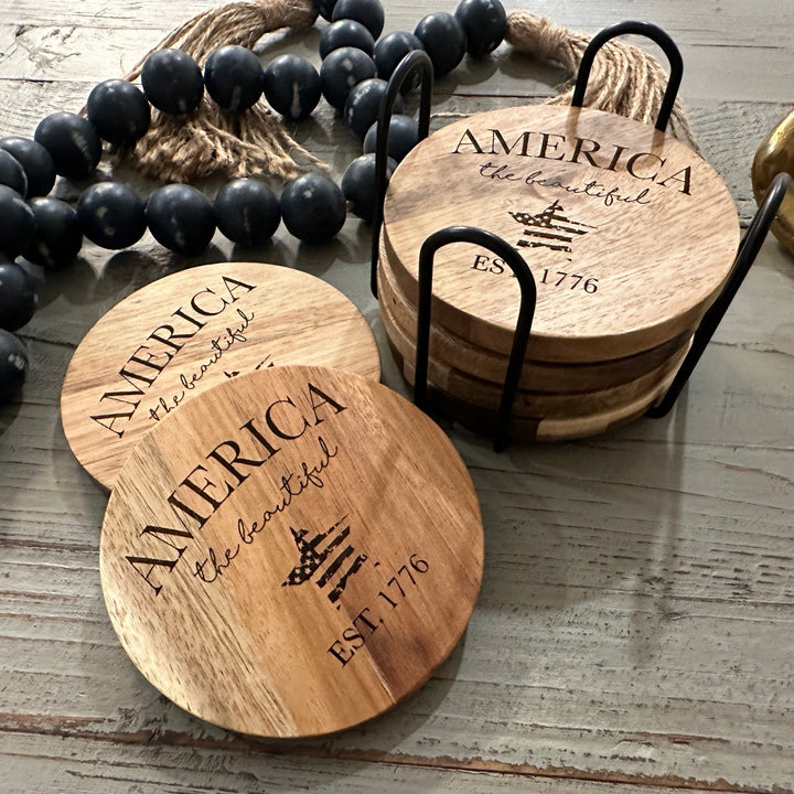 Patriotic American Themed Coaster Set | Slate, Wood or Cork | 4 of July Coasters - Seeds & Sawdust
