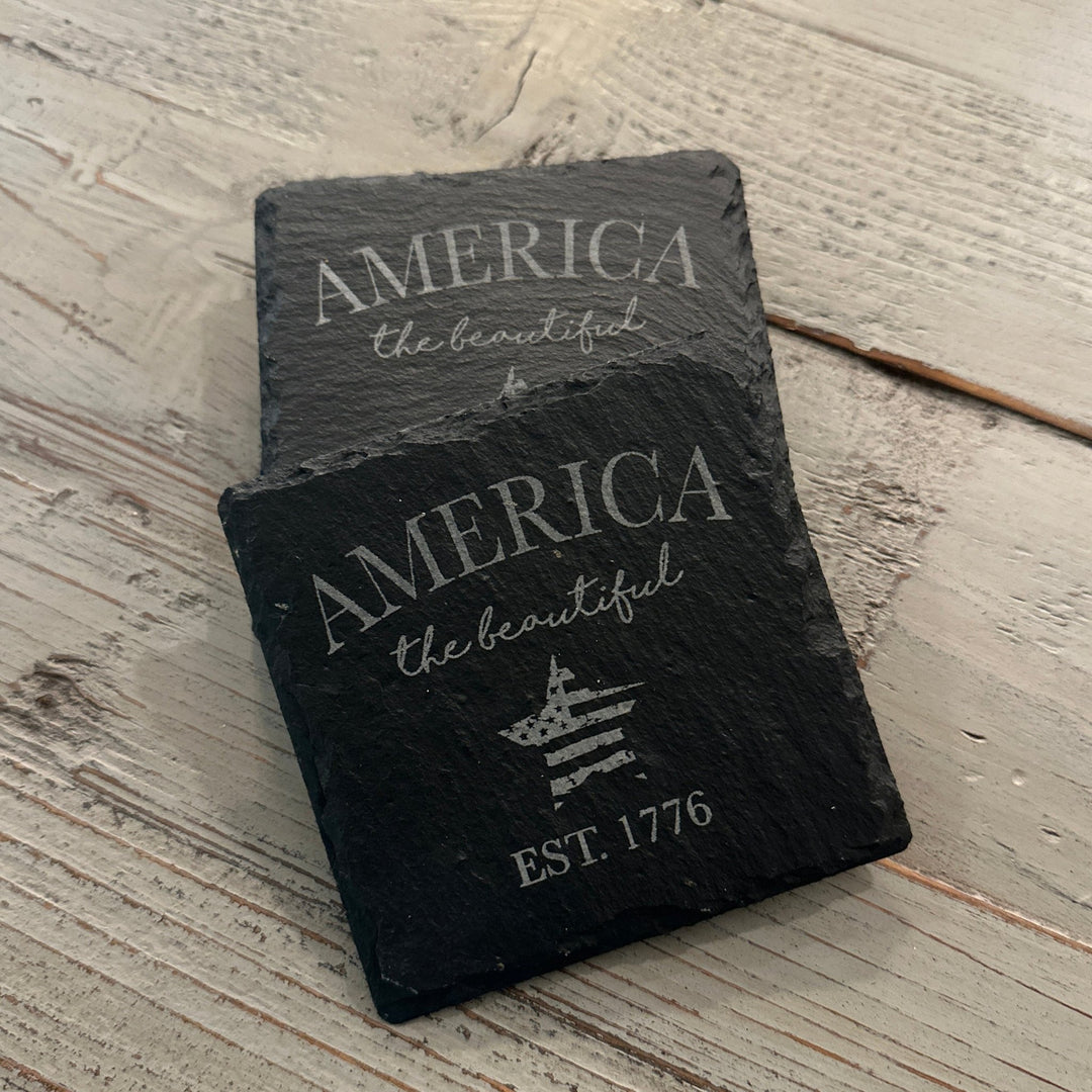 Patriotic American Themed Coaster Set | Slate, Wood or Cork | 4 of July Coasters - Seeds & Sawdust