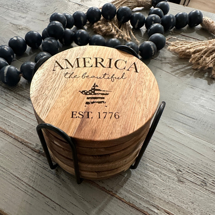 Patriotic American Themed Coaster Set | Slate, Wood or Cork | 4 of July Coasters - Seeds & Sawdust