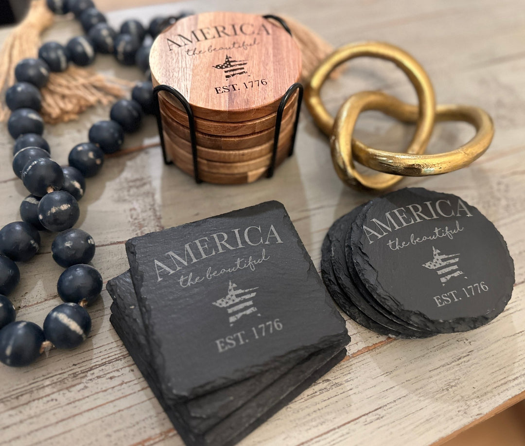 Patriotic American Themed Coaster Set | Slate, Wood or Cork | 4 of July Coasters - Seeds & Sawdust