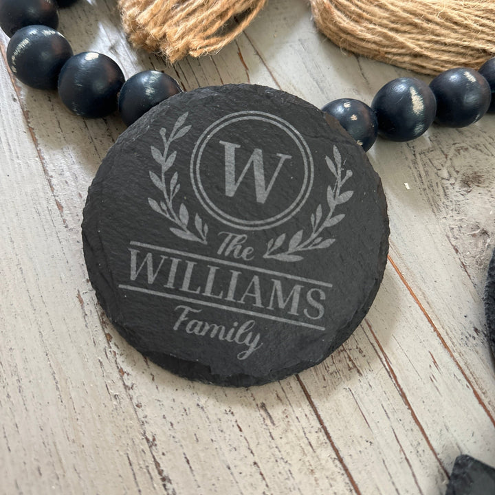 Round Monogram Coaster | Round or Square Slate | Personalized - Seeds & Sawdust