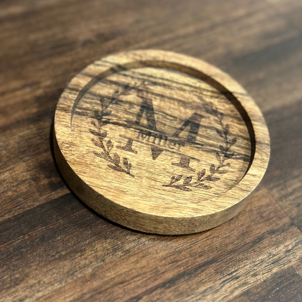 Round Monogram Wood Coaster | Acacia Wood | Personalized - Seeds & Sawdust