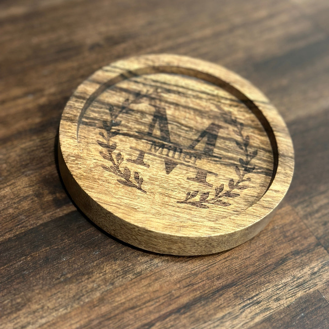 Round Monogram Wood Coaster | Acacia Wood | Personalized - Seeds & Sawdust