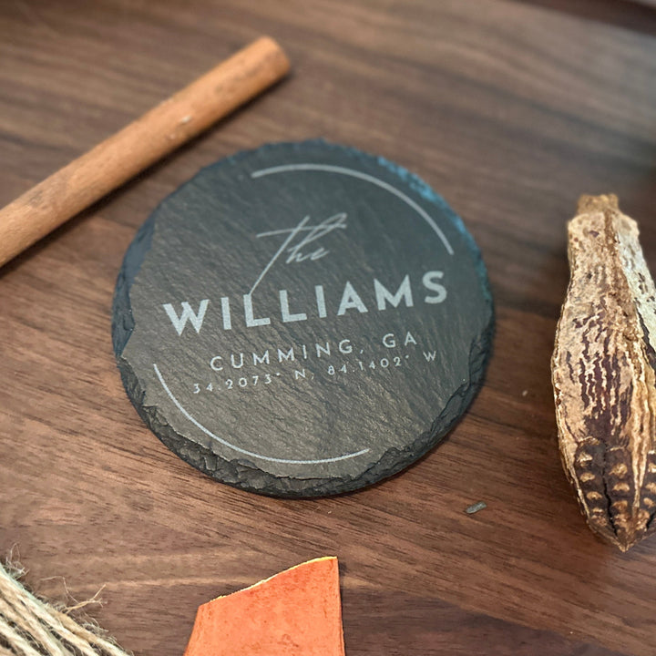 Round Slate Monogram Coaster Set, City State & Coordinates, Personalized Gift - Seeds & Sawdust