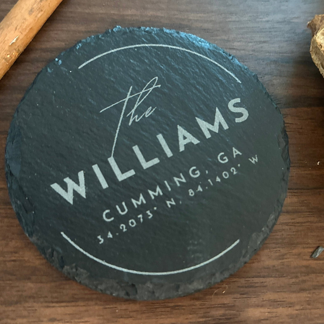 Round Slate Monogram Coaster Set, City State & Coordinates, Personalized Gift - Seeds & Sawdust