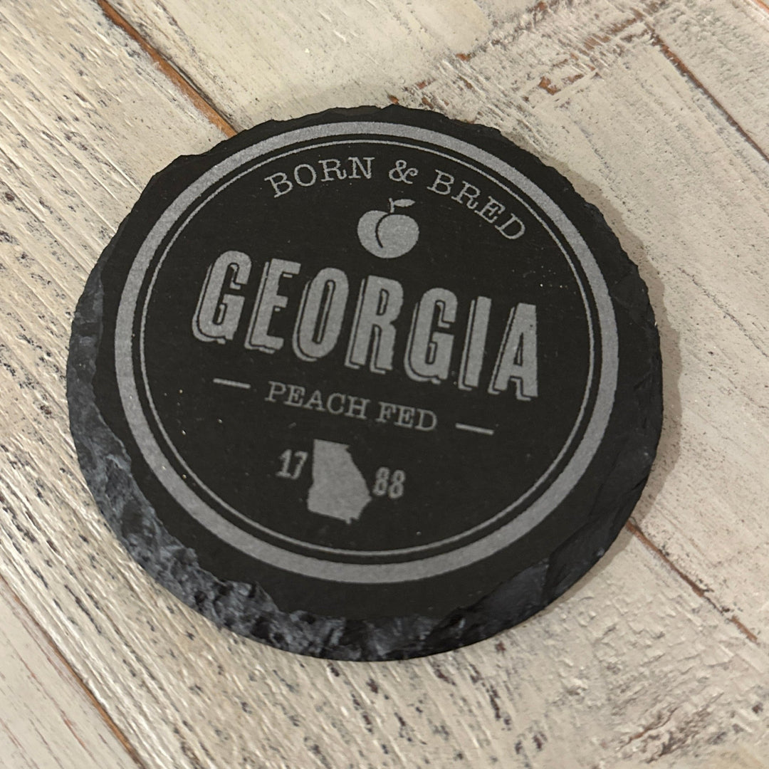 Slate Coaster Set | 4 - Piece Set | Round or Square "Georgia Born" Coaster Set - Seeds & Sawdust