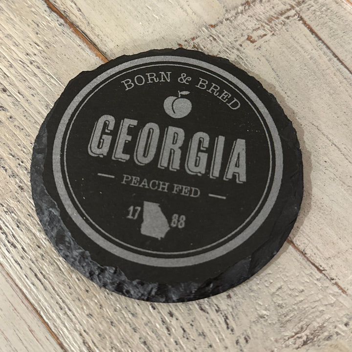Slate Coaster Set | 4 - Piece Set | Round or Square "Georgia Born" Coaster Set - Seeds & Sawdust