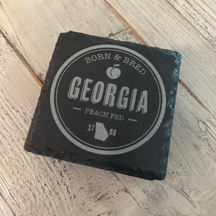 Slate Coaster Set | 4 - Piece Set | Round or Square "Georgia Born" Coaster Set - Seeds & Sawdust