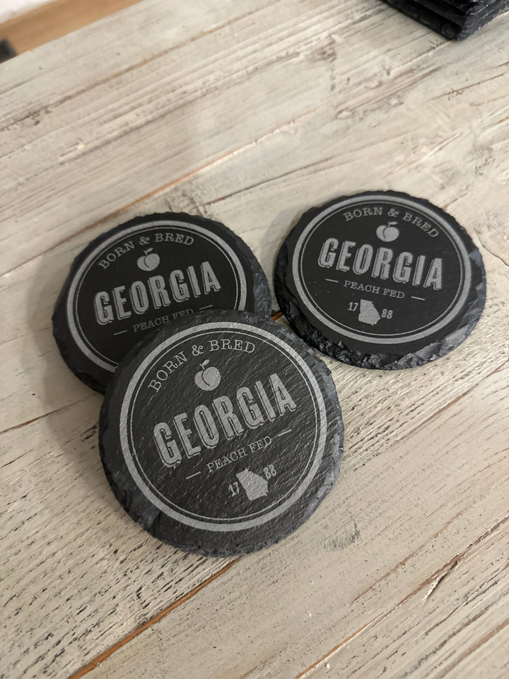 Slate Coaster Set | 4 - Piece Set | Round or Square "Georgia Born" Coaster Set - Seeds & Sawdust