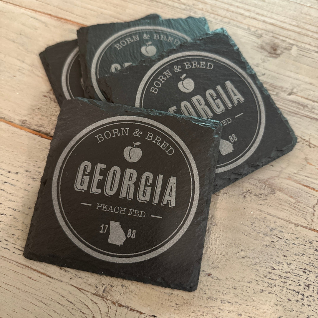 Slate Coaster Set | 4 - Piece Set | Round or Square "Georgia Born" Coaster Set - Seeds & Sawdust