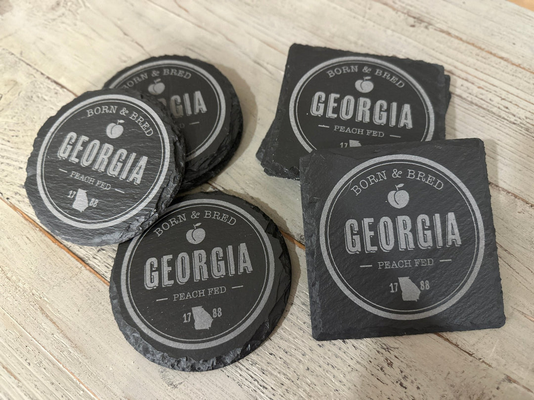 Slate Coaster Set | 4 - Piece Set | Round or Square "Georgia Born" Coaster Set - Seeds & Sawdust