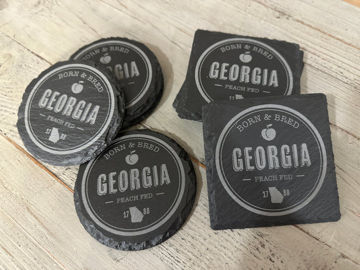 Slate Coaster Set | 4 - Piece Set | Round or Square "Georgia Born" Coaster Set - Seeds & Sawdust
