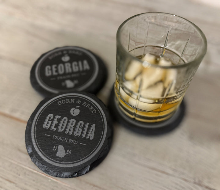 Slate Coaster Set | 4 - Piece Set | Round or Square "Georgia Born" Coaster Set - Seeds & Sawdust