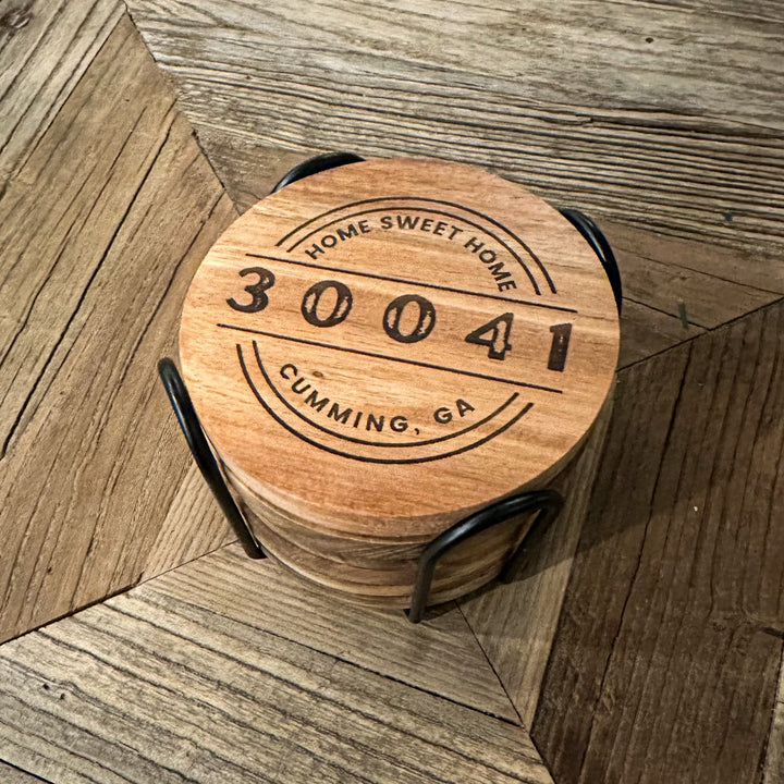 Personalized Round City & Zip Code Coaster Set β Custom Acacia Wood or Cork Coasters with Holder