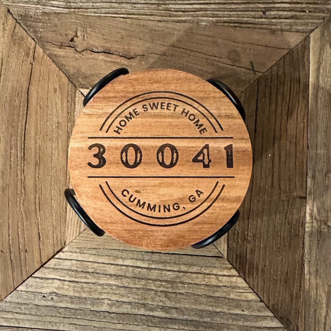 Personalized Round City & Zip Code Coaster Set β Custom Acacia Wood or Cork Coasters with Holder