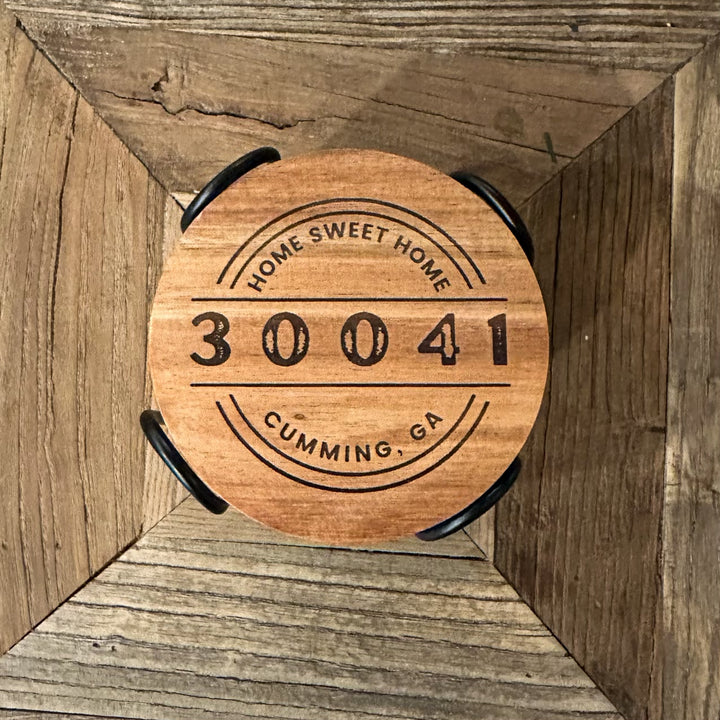 Personalized Round City & Zip Code Coaster Set β Custom Acacia Wood or Cork Coasters with Holder