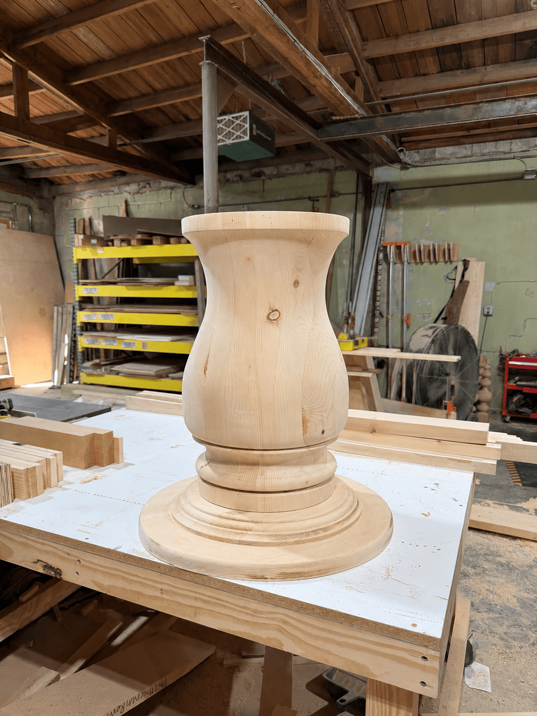14" Solid Knotty Pine Turned Table Pedestal Base | 24" or 30" Base Plate - Seeds &amp; Sawdust