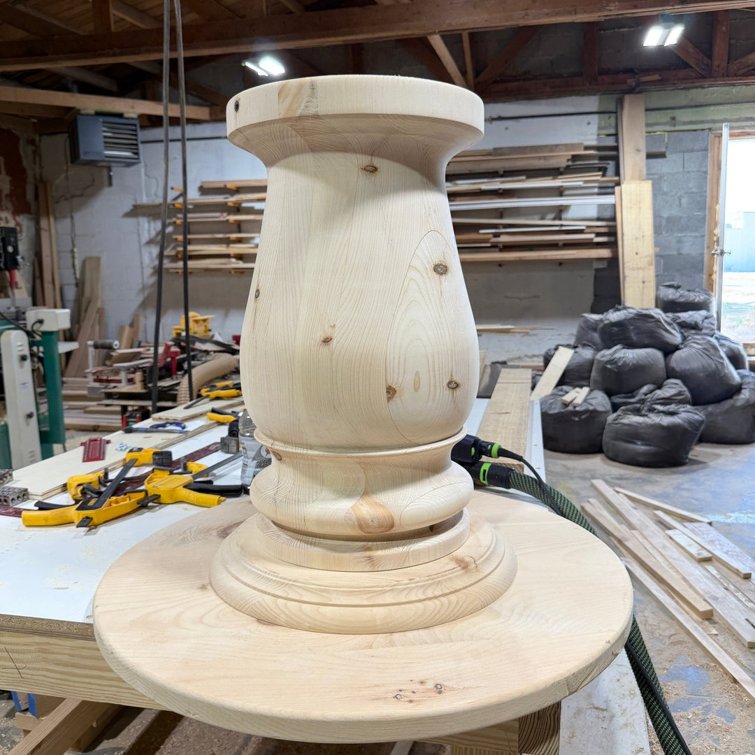 14" Tapered Solid Knotty Pine Turned Table Pedestal Base | 24" or 30" Base Plate - Seeds &amp; Sawdust