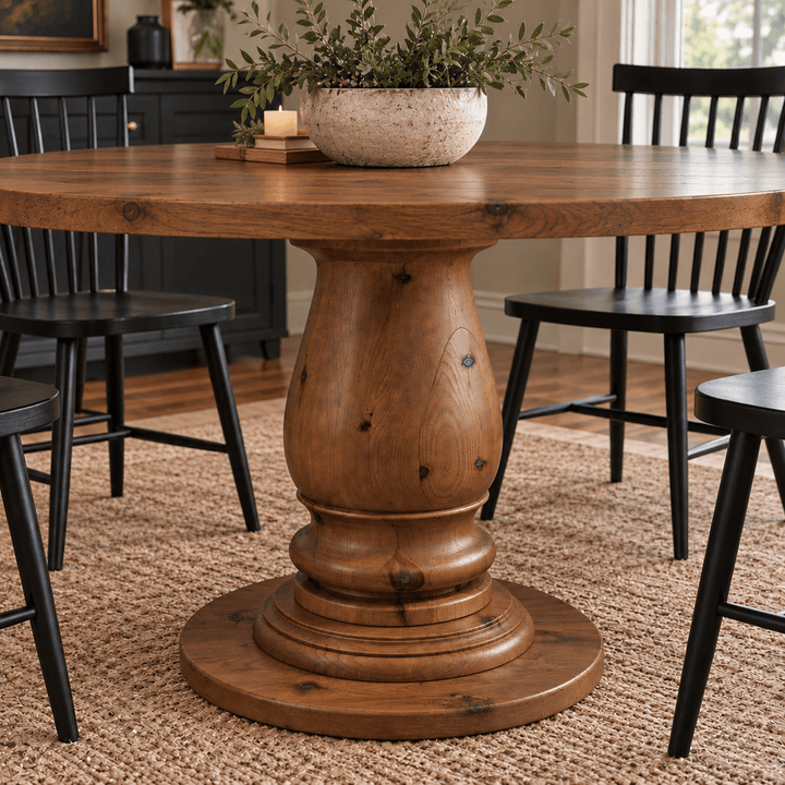 14" Tapered Solid Knotty Pine Turned Table Pedestal Base | 24" or 30" Base Plate - Seeds &amp; Sawdust