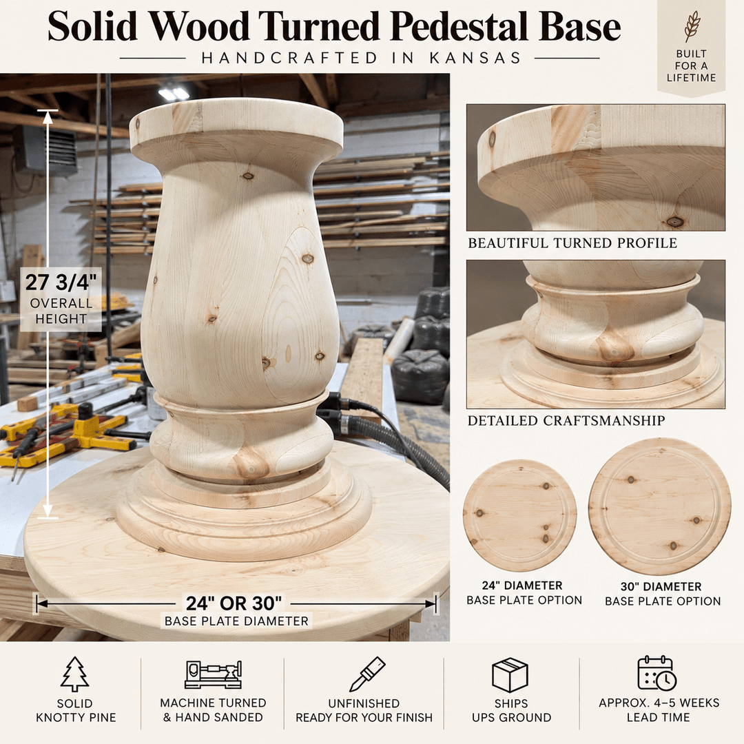 14" Tapered Solid Knotty Pine Turned Table Pedestal Base | 24" or 30" Base Plate - Seeds &amp; Sawdust