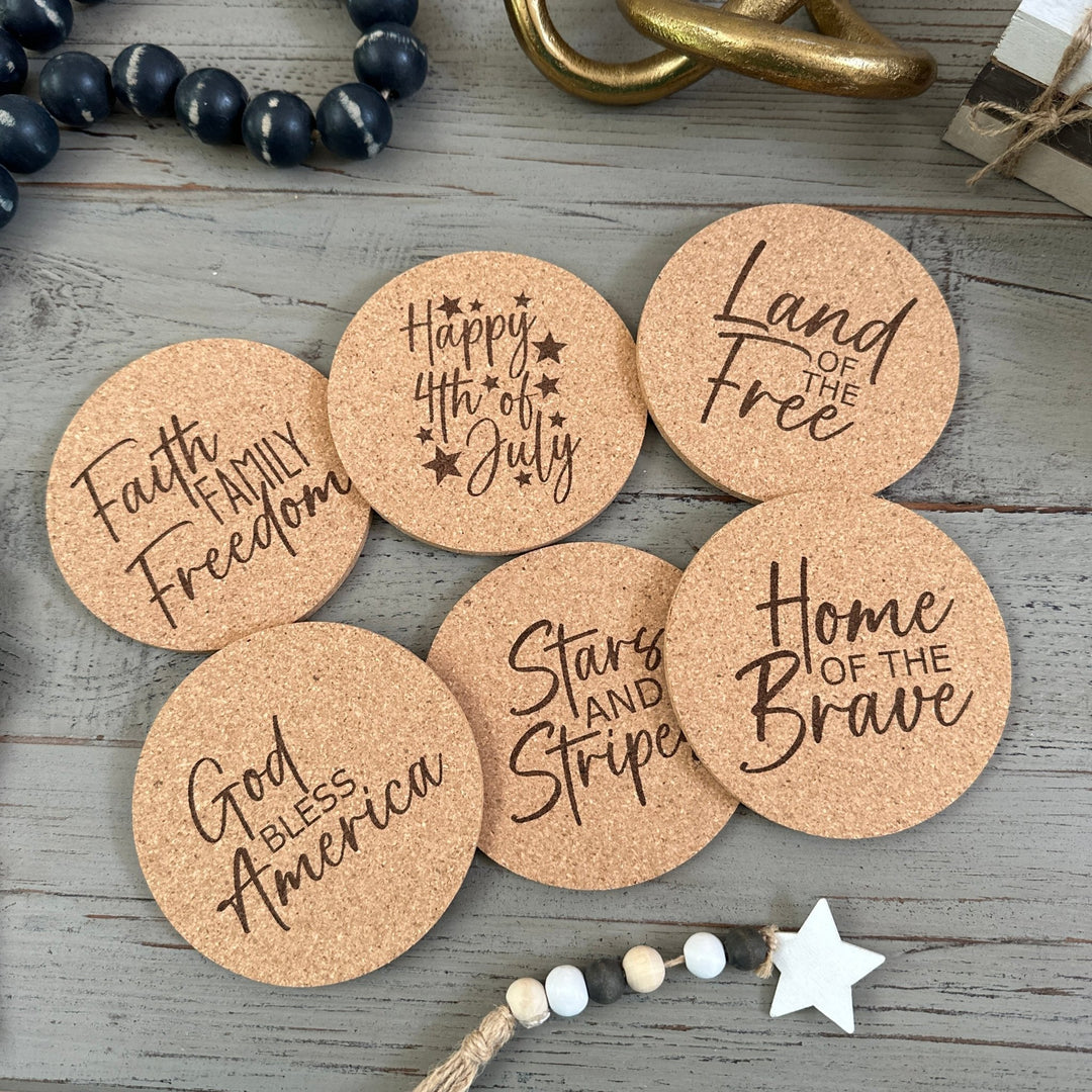 4 of July Holiday Cork Coasters, Holiday Décor, Independence Day, God Bless America, Pack of 12 Coasters - Seeds & Sawdust