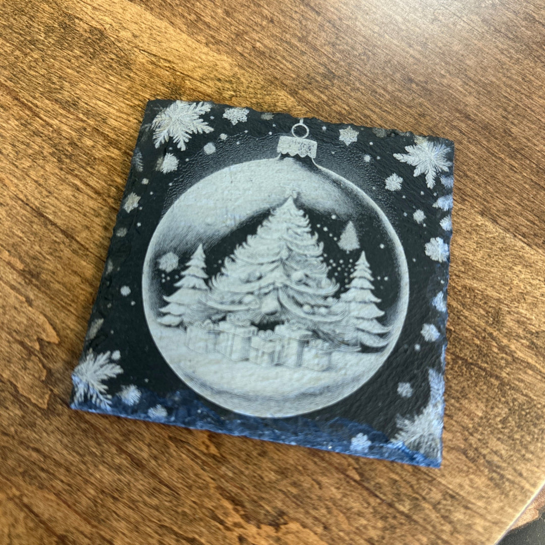 4 - Piece Slate Coaster Set – Unique Laser - Etched Christmas Designs - Seeds & Sawdust