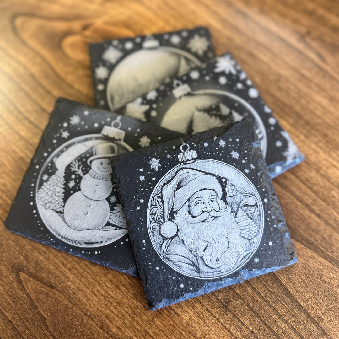 4 - Piece Slate Coaster Set – Unique Laser - Etched Christmas Designs - Seeds & Sawdust