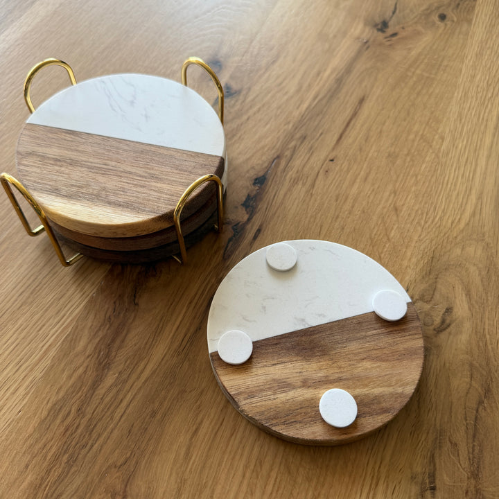 Personalized Marble &amp; Wood Coaster Set of 4 with Gold Holder | Custom Engraved