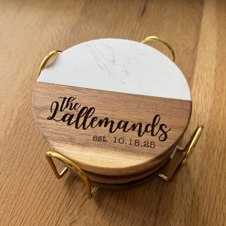 Personalized Marble &amp; Wood Coaster Set of 4 | Family Name &amp; Established Date with Gold Holder