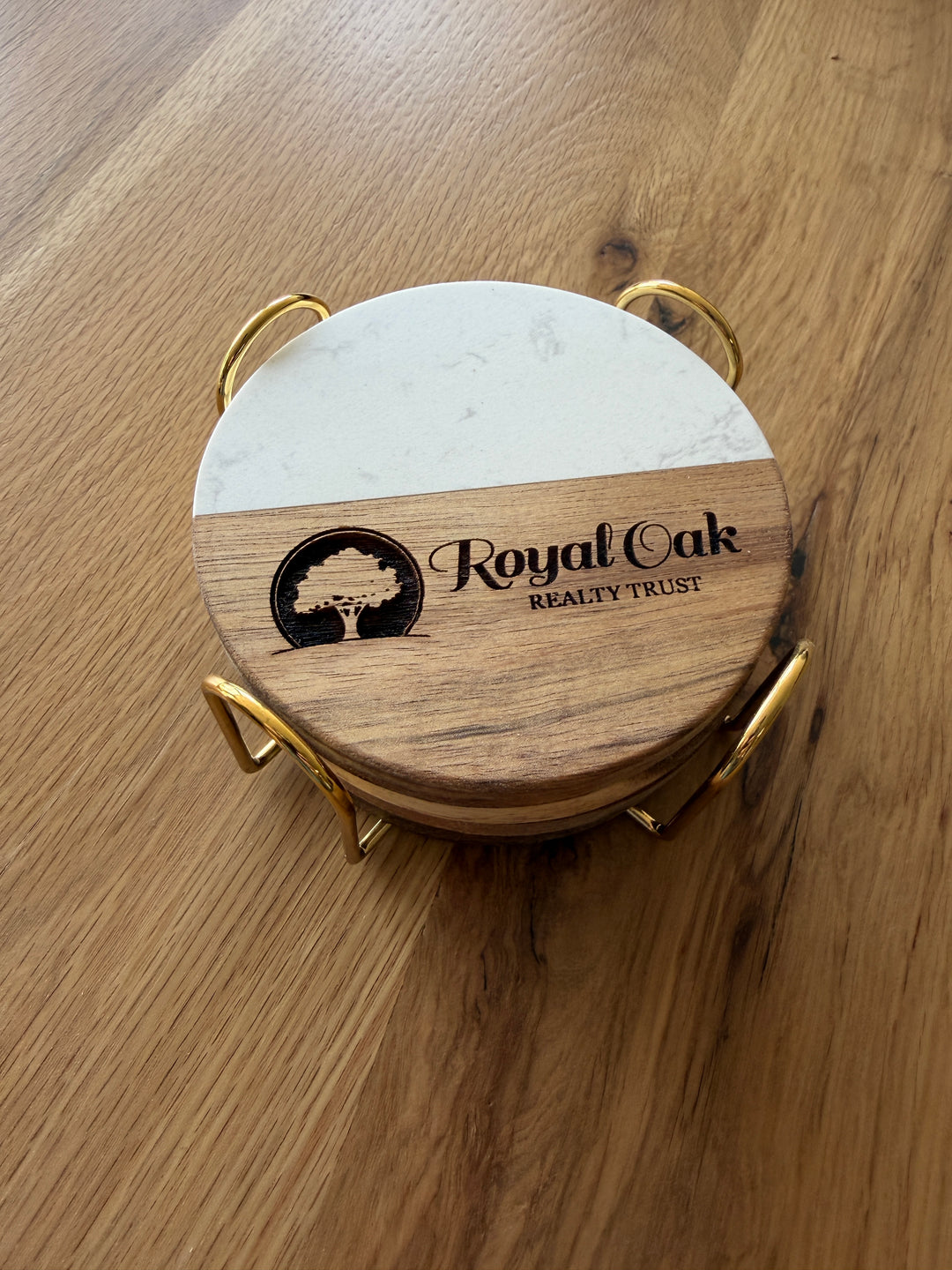 Personalized Marble &amp; Wood Coaster Set of 4 with Gold Holder | Custom Engraved
