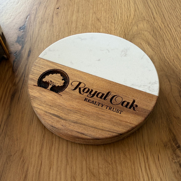Personalized Marble &amp; Wood Coaster Set of 4 with Gold Holder | Custom Engraved
