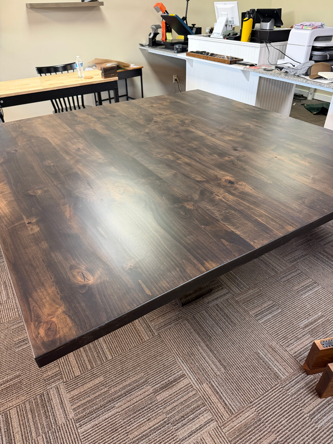 Handcrafted 72" Square Pedestal Base - Knotty Alder Dining Table – Spanish Oak Stain
