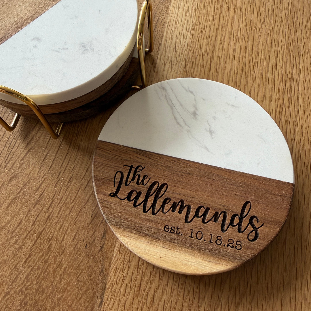 Personalized Marble &amp; Wood Coaster Set of 4 | Family Name &amp; Established Date with Gold Holder
