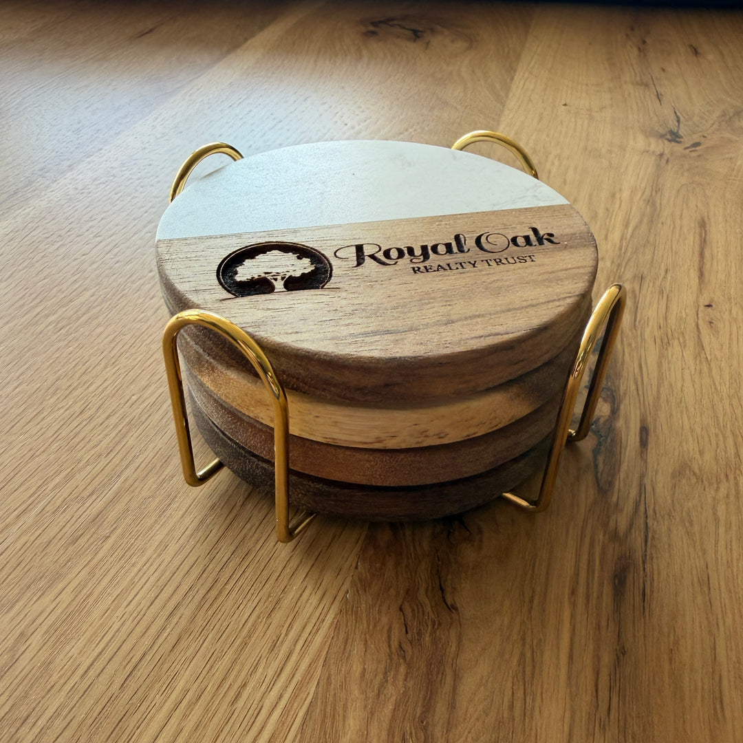 Personalized Marble &amp; Wood Coaster Set of 4 with Gold Holder | Custom Engraved