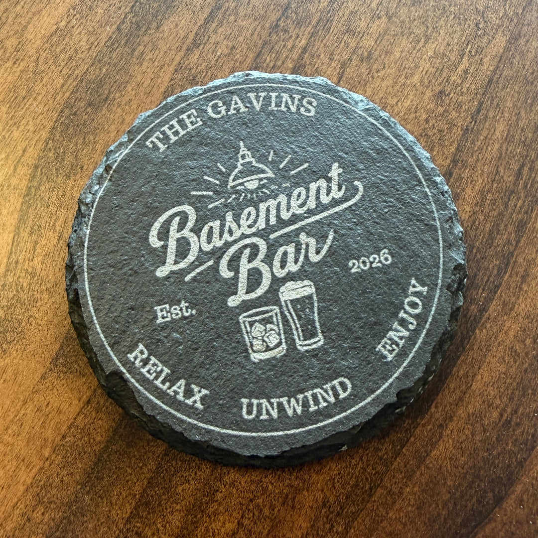 Personalized Basement Bar Slate Coaster Set – Custom Round Drink Coasters