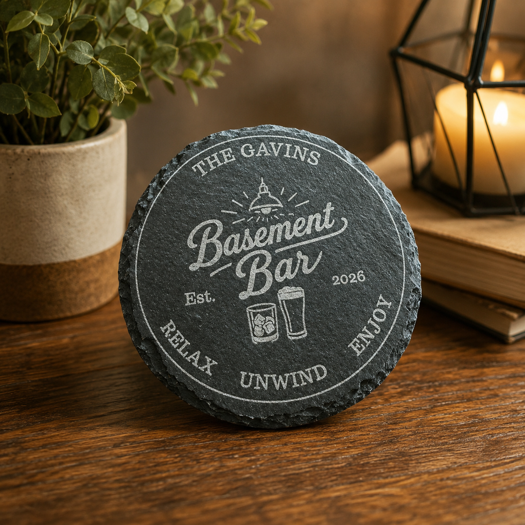 Personalized Basement Bar Slate Coaster Set – Custom Round Drink Coasters