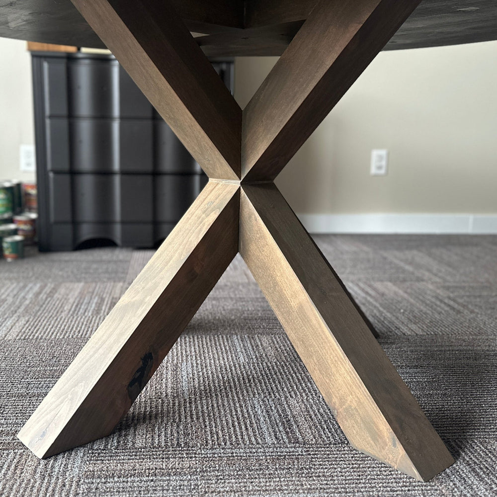 Handcrafted 59" Round Lance Knotty Alder Dining Table – Aged Barrel Finish – Ready to Ship - Seeds & Sawdust