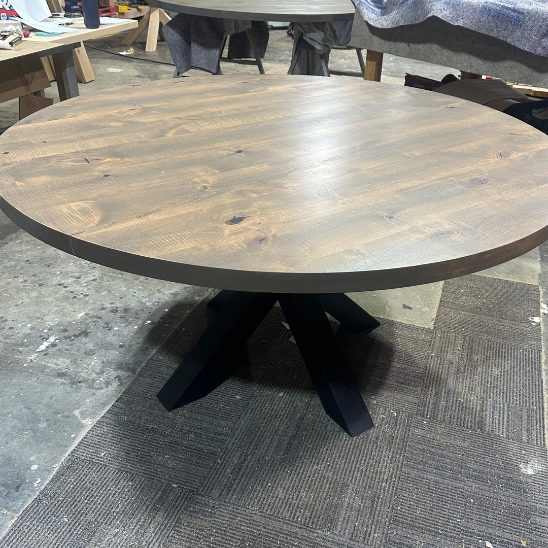 Handcrafted 60" Round Lance Knotty Alder Dining Table – Western Oak Finish – Ready to Ship - Seeds & Sawdust