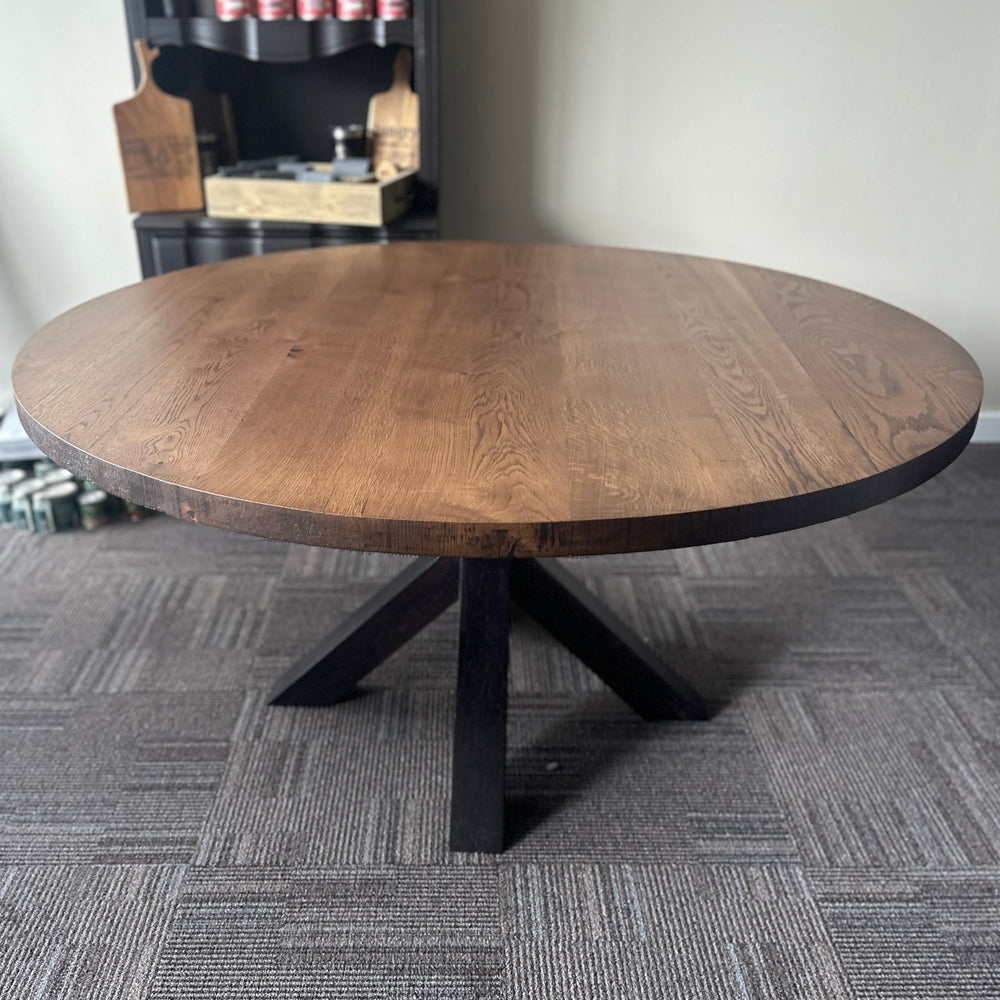 Handcrafted 60" Round Lance Rustic White Oak Dining Table – Kona Top/Black Base – Ready to Ship - Seeds & Sawdust