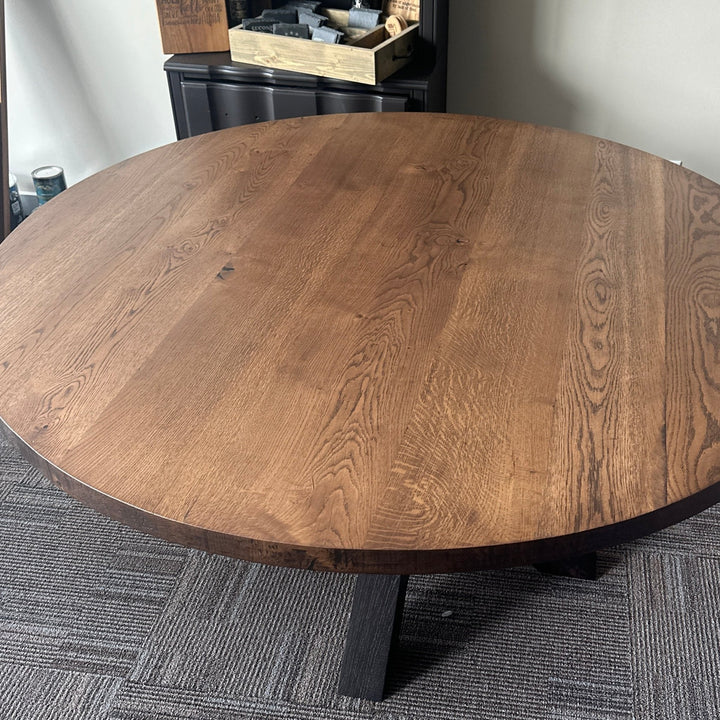 Handcrafted 60" Round Lance Rustic White Oak Dining Table – Kona Top/Black Base – Ready to Ship - Seeds & Sawdust